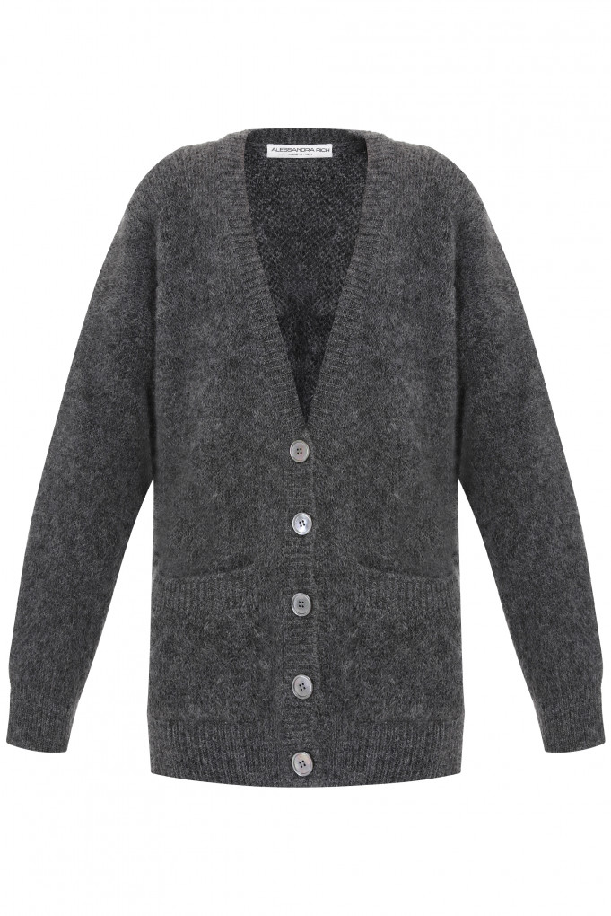 Alessandra Rich 17 820 KNITTED MOHAIR CARDIGAN WITH BEAR AND HOTFIX SANAHUNT Luxury Department Store